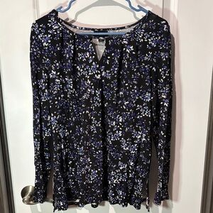 J. Jill Black Long-Sleeve Floral Tee with Blue & White Print